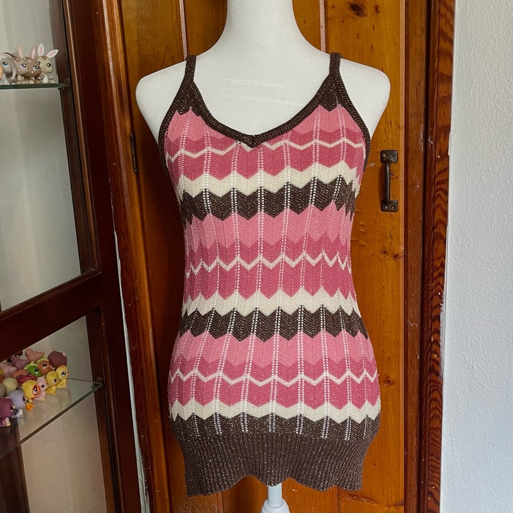 Pink + Brown Striped Sparkly Glitter Crochet Tank Top No Boundaries Size S